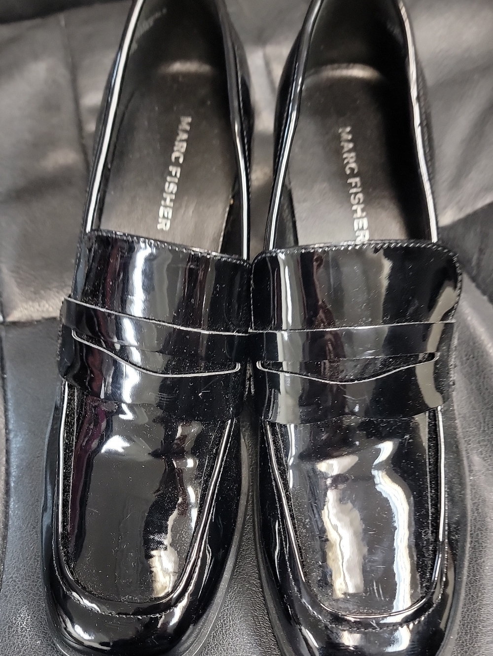Marc Fisher Glossy Black Patent Penny Loafers